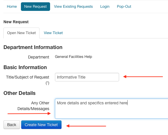 Image showing basic title and description of support request fields requiring information