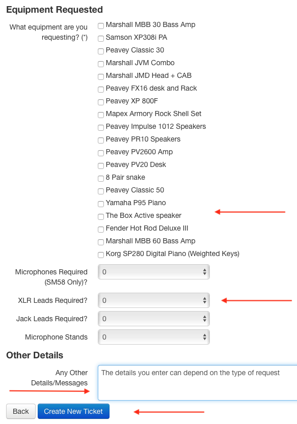 Image showing tick box selection options for off site equipment hire